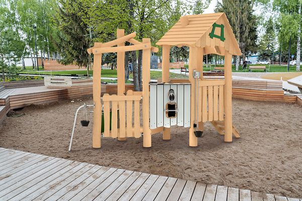 Holzspielhaus, Spielhaus, Klettergerüst, Sandkasten, Schaukel
