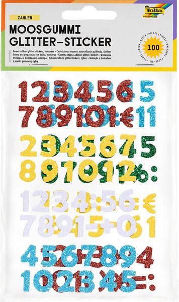 FOLIA Moosgummi Glitter-Zahlen, selbstklebend, 100 Stück
