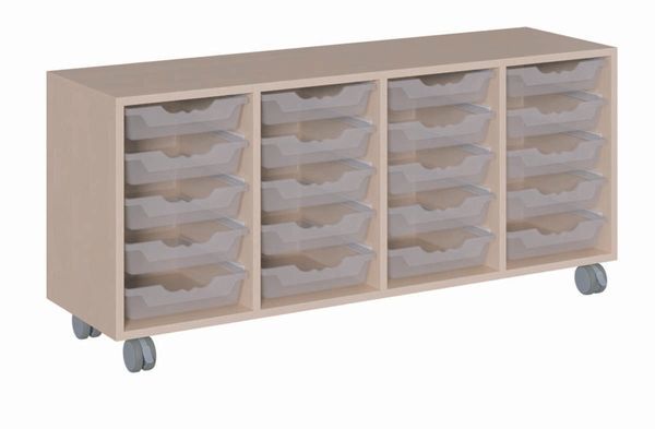 Regal fahrbar mit 20 flachen ErgoTray Boxen (B/H/T: 139 x 62,5 x 40 cm)