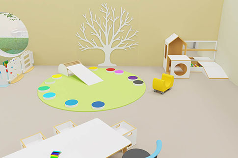 Spielraum in der Krippe mit Teppich und Rutsche