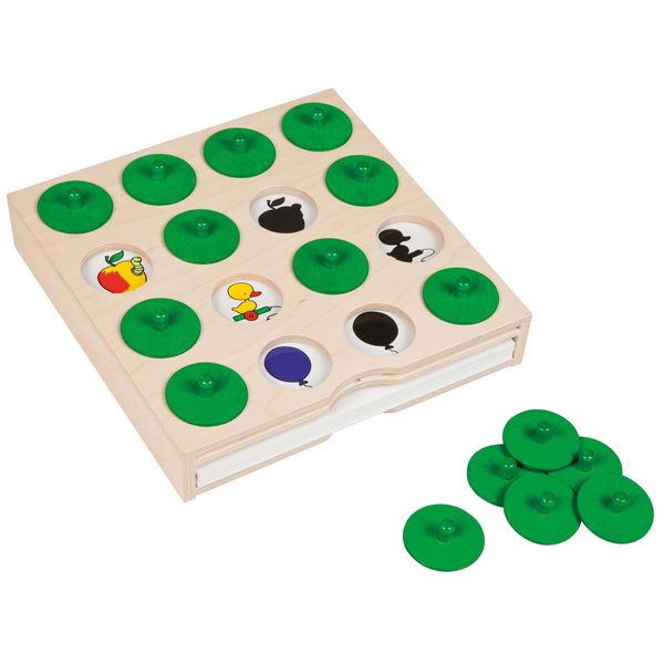 holzbuch, kinderspiel, memo spiel, sortierspiel, grüner schieber
