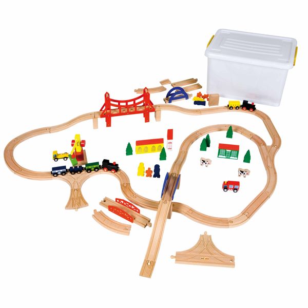 Holzspielzeug, Gleise, Zugset, Bahnhof, Kofferbox