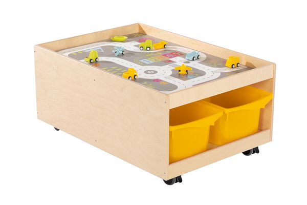 Kinderspielzeug, Holzspielzeug, Kunststoffbox, Aufbewahrung, Spielzeugauto