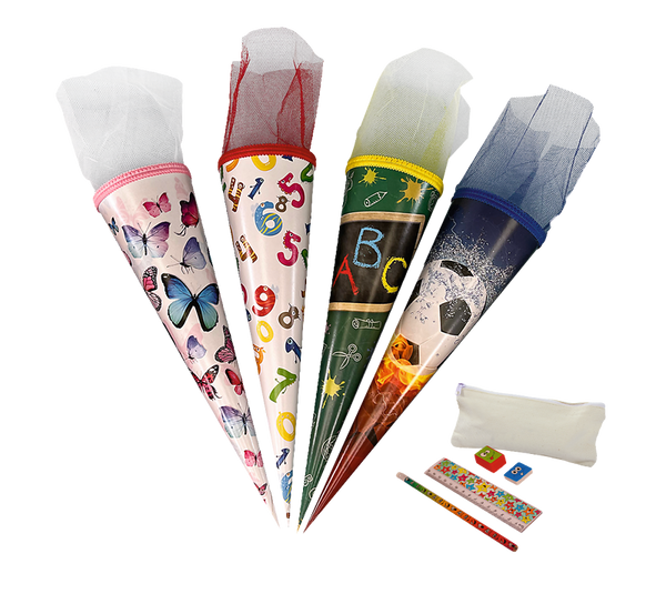 Kleine Schultüten mit Füllung, 35 cm, 4er Set