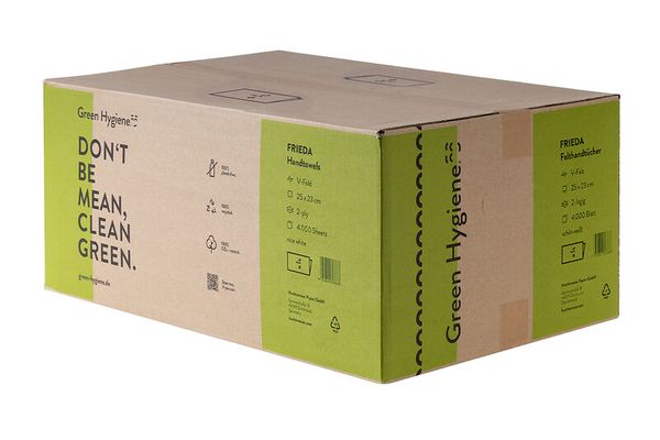 GREEN HYGIENE Palette Handtuchpapier 2-lagig, FRIEDA, weiß, V-Falz, 25x23 cm, 128.000 Blatt
