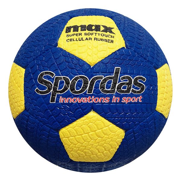 soccer ball, blau gelb, textured surface, Spordas logo, ball with panels
