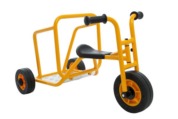 Kinderfahrzeug, Dreirad, Gelb, Stahlrahmen, Sitz mit Rückenstütze