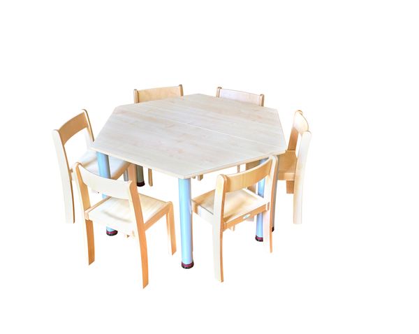 Tisch-Stuhl-Kombination Trapez zargenlos, Ahorn Dekor, Metallbeine feststehend Tisch-Stuhl-Kombination Trapez zargenlos, Ahorn Dekor, Metallbeine feststehend