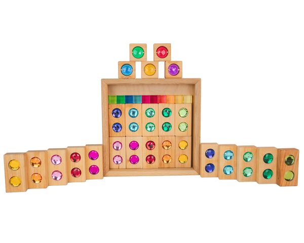 BAUSPIEL Kleine Farbstraße mit Lichtbauwürfel, im Holzkasten, 45-teiliges Set