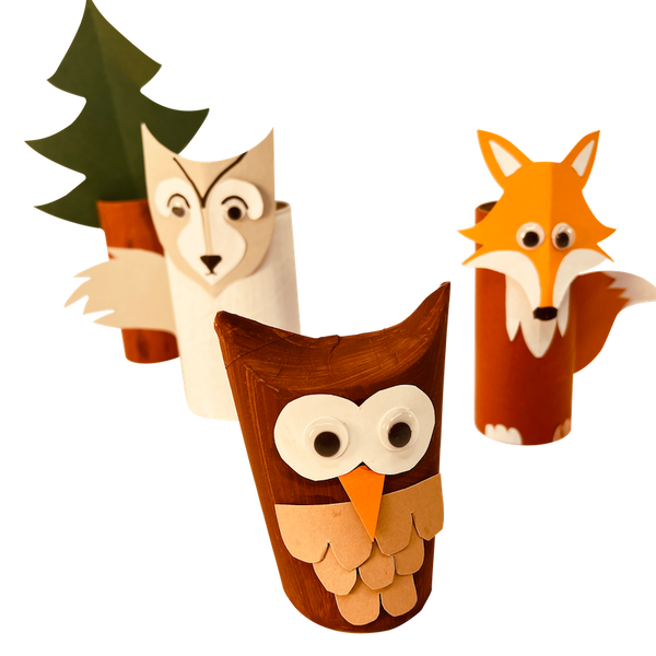 Holzfigur, Eule, Fuchs, Waldtiere, Papierkunst