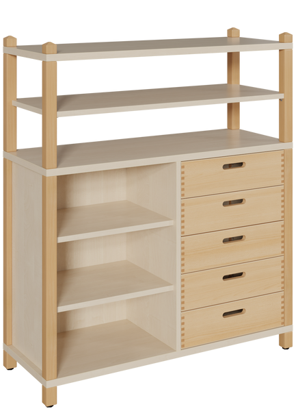 Stollenschrank mit 5 Massivholzschüben + 3 Fächern + Regal