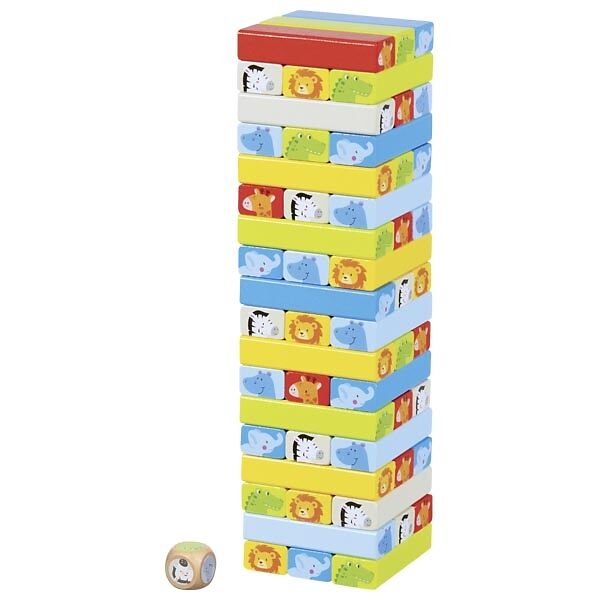 tall tower, wooden blocks, jungle animals, colorful blocks, block game