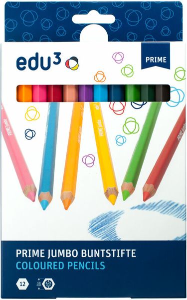 edu³ PRIME Jumbo Hex Sechskant-Buntstifte, in 12 Farben sortiert, 12 Stück