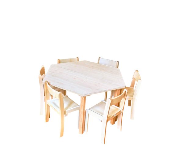 Tisch-Stuhl-Kombination Trapez zargenlos, Ahorn Dekor, Holzbeine Tisch-Stuhl-Kombination Trapez zargenlos, Ahorn Dekor, Holzbeine