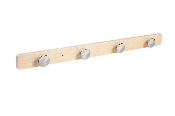 Kleiderhaken, Holzleiste, 4 Haken, Metallknöpfe, Garderobenleiste