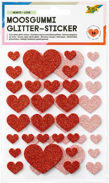 FOLIA Moosgummi Glitter-Sticker Herzen, rot & silber, 50 Stück