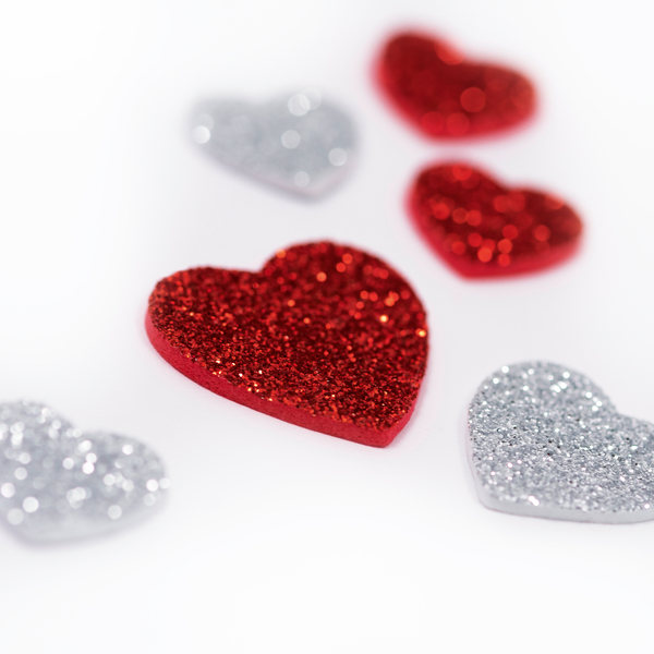 FOLIA Moosgummi Glitter-Sticker Herzen, rot & silber, 50 Stück