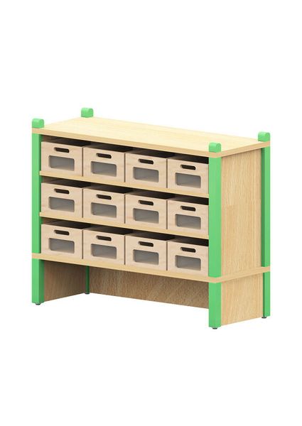 BasicPlus Stollensockelnischenschrank, 12 Materialkästen mit Acrylglasfront und 2 festen Böden 