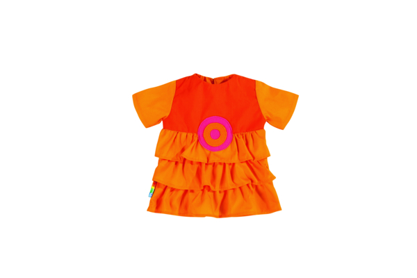 orange dress, tiered dress, short sleeves, round applique, kids dress