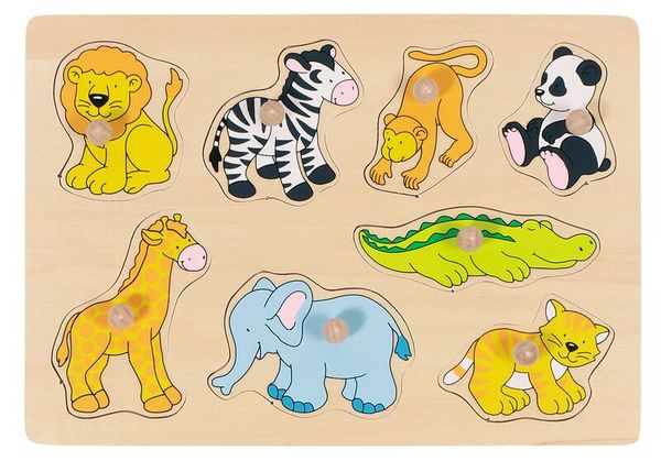 Holztafel, Tierfiguren, Elefant, Löwe, Krokodil, Zebra, Panda, Katze, Giraffe, Alligator