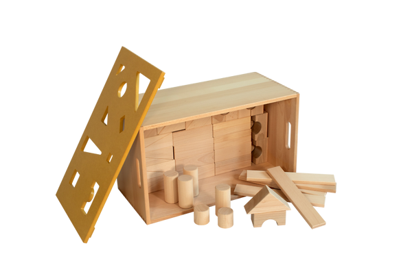 BRUDERHAUS DIAKONIE Holzbausteinwagen mit 126 Fröbelbausteinen inkl. Puzzle-Deckel (50 mm)