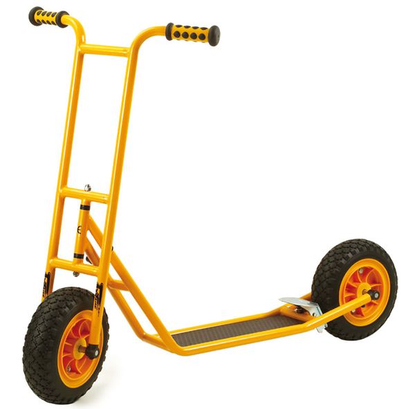 kick scooter, trolley, three-wheel?, handlebars, yellow, pneumatic tires, frame, deck, grip