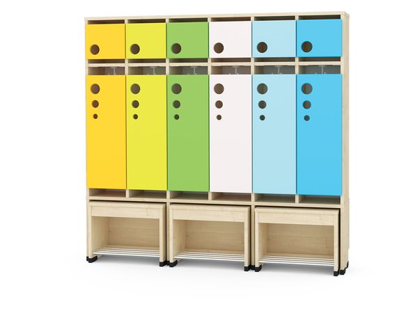 Garderobe mit beweglichem Sitz, 6 Plätze, Türfarbe und Sitzhöhe (26/31/35 cm) wählbar Garderobe mit beweglichem Sitz, 6 Plätze, Türfarbe und Sitzhöhe (26/31/35 cm) wählbar