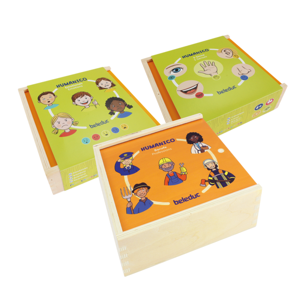 3er Set Humanico Legespiel: Berufe, Sinne, Emotionen, 3 x 30 Holz-Puzzleteile, ab 4 Jahre 3er Set Humanico Legespiel: Berufe, Sinne, Emotionen, 3 x 30 Holz-Puzzleteile, ab 4 Jahre