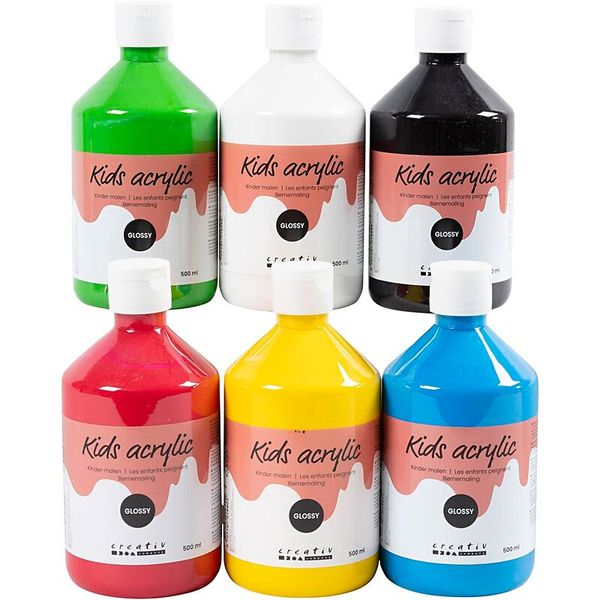 Acryl Glanzfarben, gut deckend, 6 Flaschen je 500 ml, bunt sortiert Acryl Glanzfarben, gut deckend, 6 Flaschen je 500 ml, bunt sortiert
