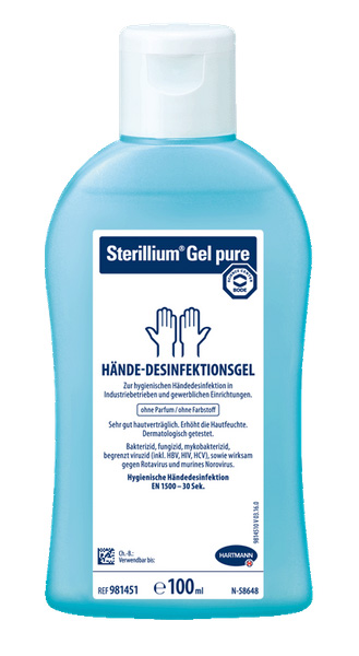 Handgel, Hände-Desinfektionsgel, Desinfektionsmittel, große Flasche, blau