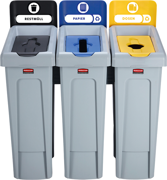 Rubbermaid Abfallsammelsystem SLIM JIM® RECYCLING, 3 Sortierfächer schwarz, blau, gelb