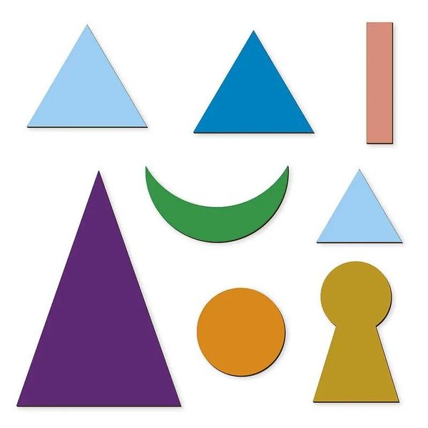geometrische formen, bunte shapes, puzzle-figuren, kreisornament, stilisierte objekte