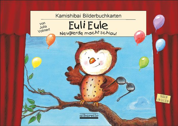 eule, laufende buch, bilderbuch, kinderbuch, gläserbrille, ballons, eulenfigur, zweig, rote vorhang