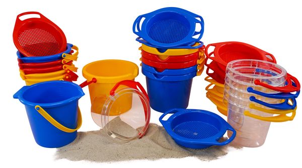 Kunststoffkübel, Strandspielzeug, Sandkasten-Set, Eimer, Sieb
