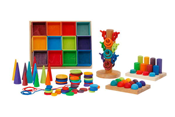 Holzspielzeug, Stapelturm, Sortierspiele, Farbenpuzzle, Pöppelwürfel