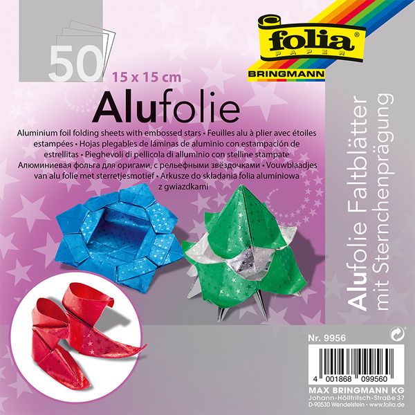 FOLIA Origamipapier Alufolie mit Sternen, 15x15cm, 50 Blatt bunt sortiert