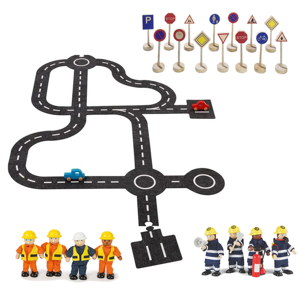 Zubehör-Set "Verkehr": Spielstraße aus Filz, Holzautos, Verkehrsschilder und Biegepuppen