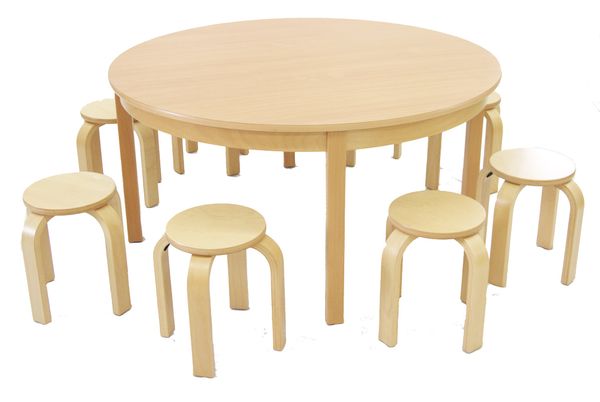 Tisch-Hocker-Kombination, Tisch rund, Buche, 8 Hocker, SH 30 cm/ TH 52 cm Tisch-Hocker-Kombination, Tisch rund, Buche, 8 Hocker, SH 30 cm/ TH 52 cm