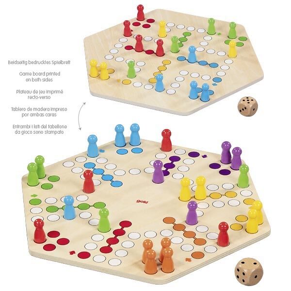 GOKI Brettspiel Ludo, für 6 Spieler, aus Holz, 34 x 34 cm, ab 4 Jahre
