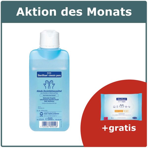 Bode Sterillium® classic pure Händedesinfektion, VAH zert., 500 ml + 1 Packung Sterillium® 2in1 wipes Desinfektionstücher für Hände und Flächen (AKTION)
