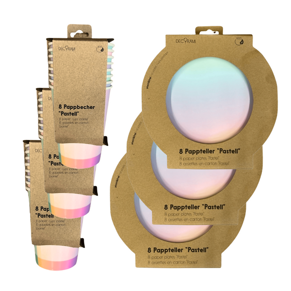 Geschirr Set Pastell, 24 Becher & 24 Teller 