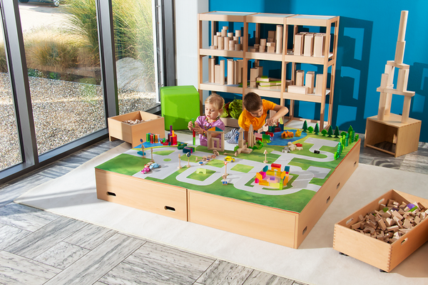 Spieltisch, Holz, Straßen-Spielmatte, Grüne Spielfläche, Aufbewahrungsschubladen