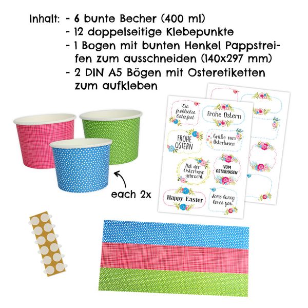 Osterbecher mit Henkel, 6 Stück, bunt - Bastelset (SONDERANGEBOT)