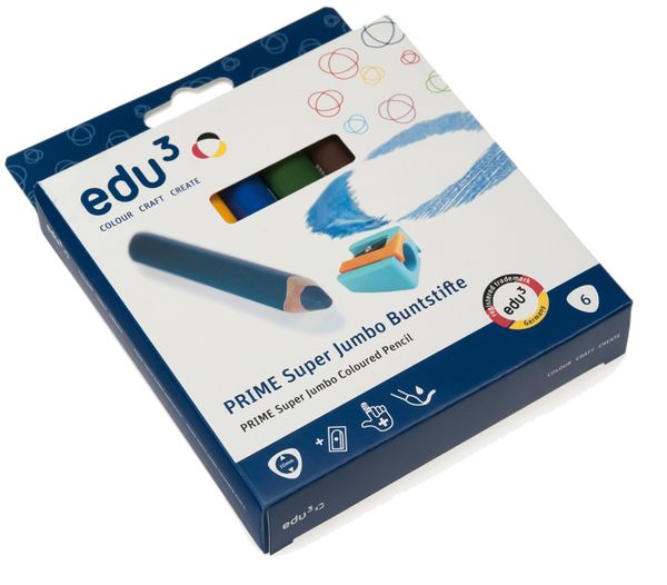 edu³ PRIME Super Jumbo 3 in 1 - 6 Dreikant-Stifte farbig sortiert, 1 Spitzer