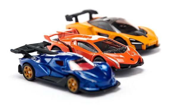SIKU Geschenkset Supercars, 3 Spielfahrzeuge + Schild & Blitzer, ab 3 Jahre