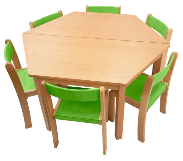 Tisch-Stuhl-Kombination Trapez, Buche, Sitzhöhe 30 cm / Tischhöhe 52 cm Tisch-Stuhl-Kombination Trapez, Buche, Sitzhöhe 30 cm / Tischhöhe 52 cm