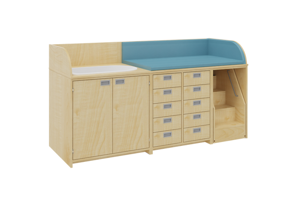 Wickelkommode mit Badebecken, Türen und Schubladen, 210 cm breit