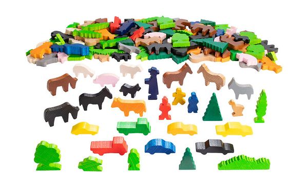 Holzspielzeug, Tierfiguren, Fahrzeuge, Bunte Farben, Waldmotiv
