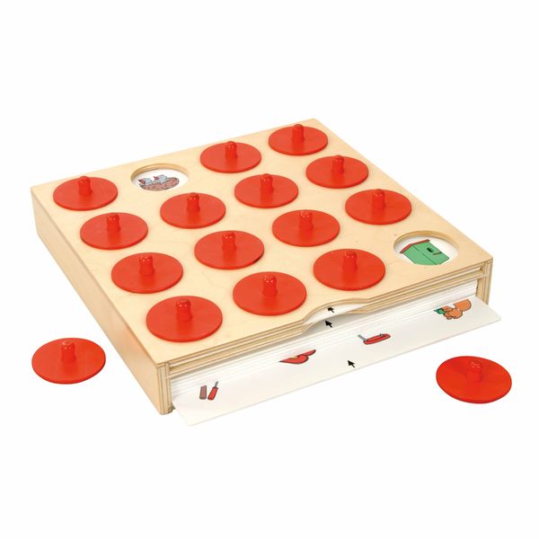 Lernspiel, Memory, Holzbrett, Rote Scheiben, Spielkarten