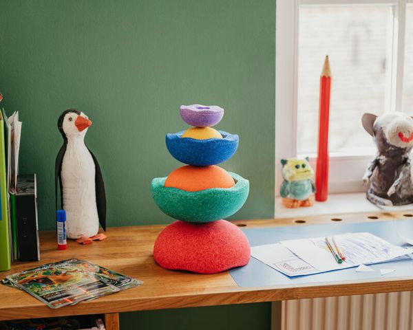 Stacking toys, Pompon balancer, Colored felt, Desk decor, Pyramid stacker